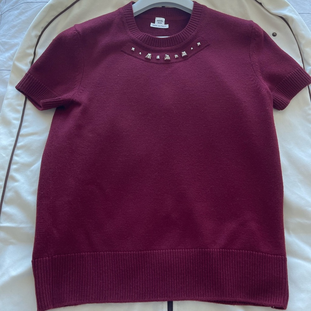 Brand New Hermes wool sweater in burgundy with studded collar
